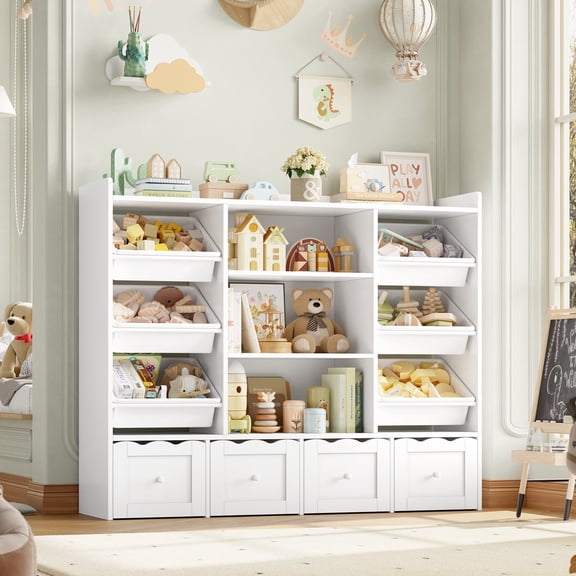 Hiphuta 55" Wide Toy Storage Organizer with 4 Removable Drawers, 4-Tier Kid Bookcase with 6 Bins, Toy Organizer with Bookcase for Kid Bedroom Playroom, White