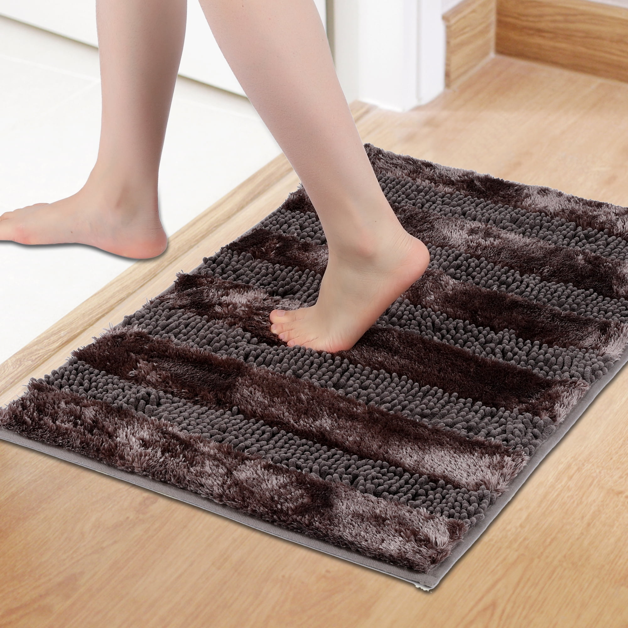 Unique Bargains Striped Bathroom Mat Soft Fluffy Chenille Baths Rugs Brown 20" x 32"
