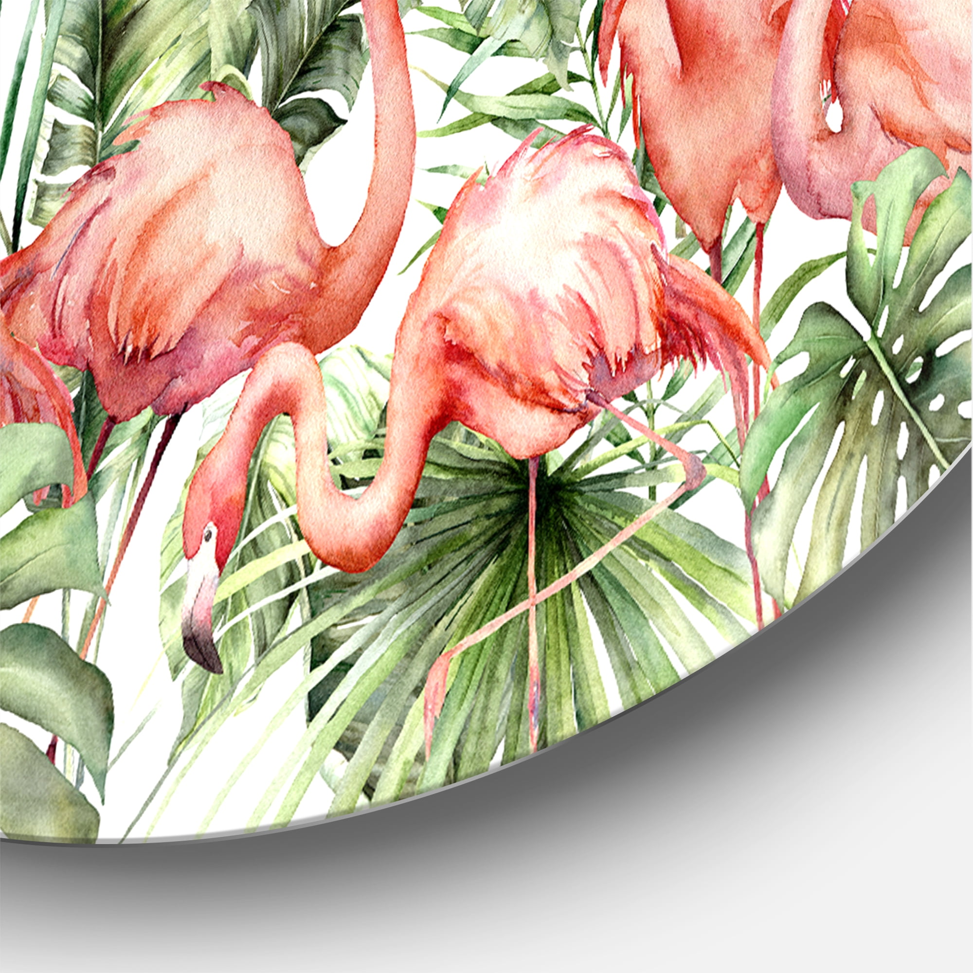 Designart 'Palm Leaves and Pink Flamingos Tropical Birds' Traditional Circle Metal Wall Art 36x36 - Disc of 36