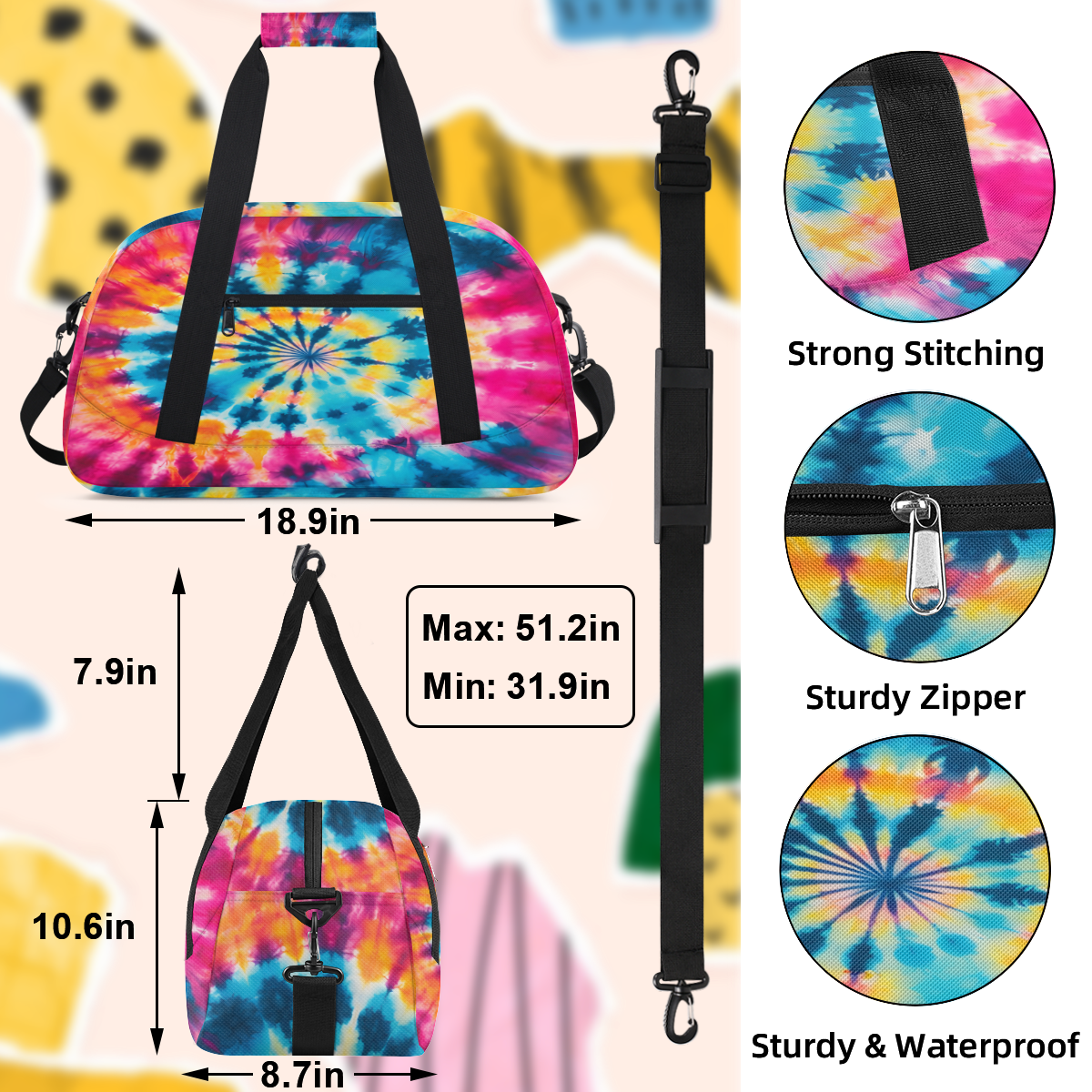Herdesigns Tie Dye Sports Duffle Bag for Women & Men, Colorful Swirls Gym Bag Dance Bag Overnight Bag Carry On Weekender Travel Bag