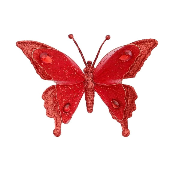 Glitter Big Butterfly Christmas Ornament with Clip, Artificial Butterfly Xmas Tree Decor Festive Holiday Wedding Home Party Supplies (Red)