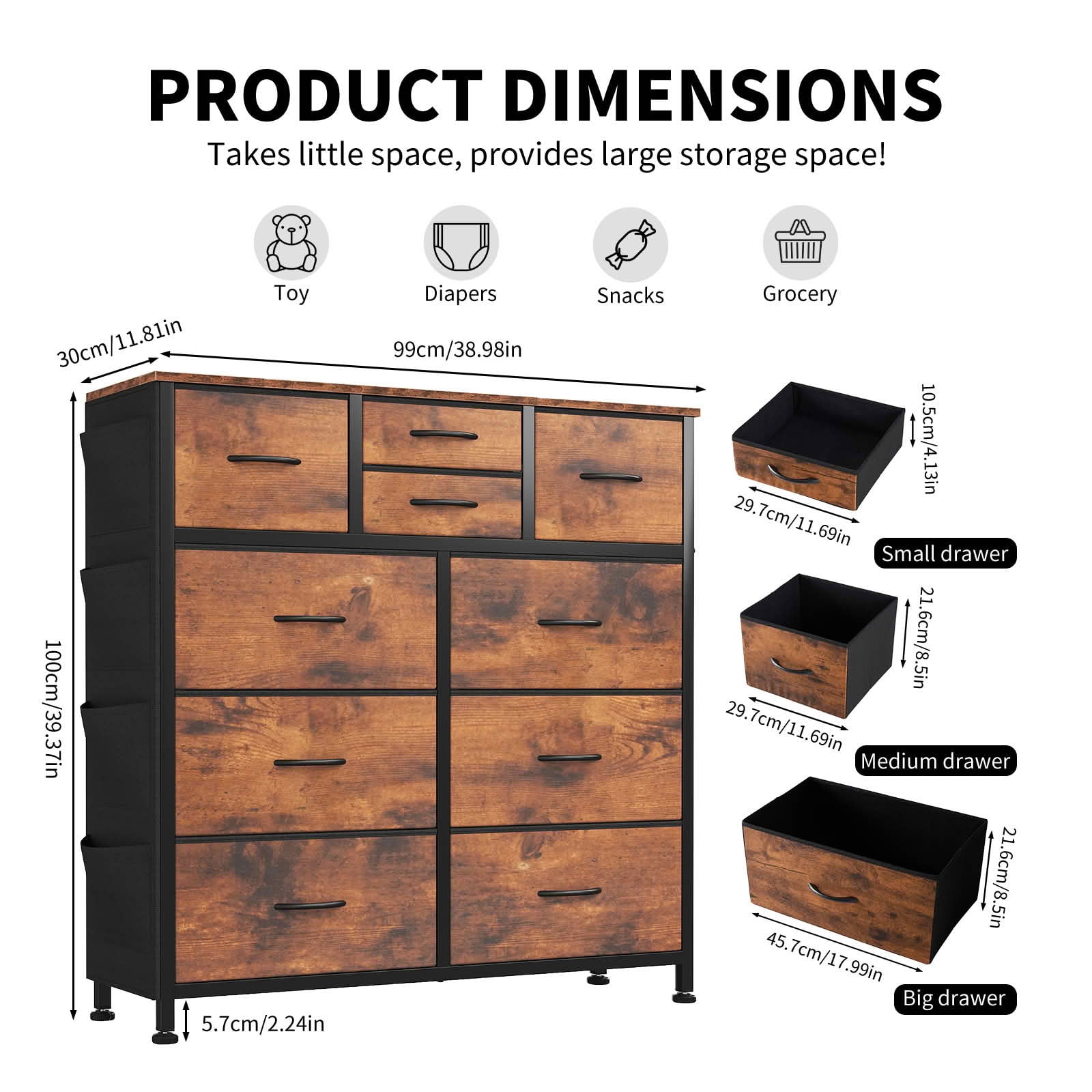 MAYEERTY 10-Drawer Storage Dresser, Cabinet with Side Pocket Hooks Wood Top for Bedroom Closet