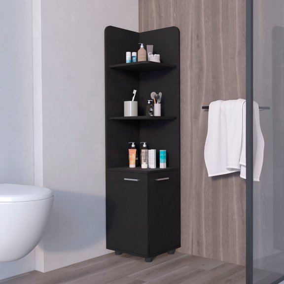 Black 2-door Cabinet For Bathroom With 3 Shelf Corners - Freestanding Unit Corner Shelves Legs