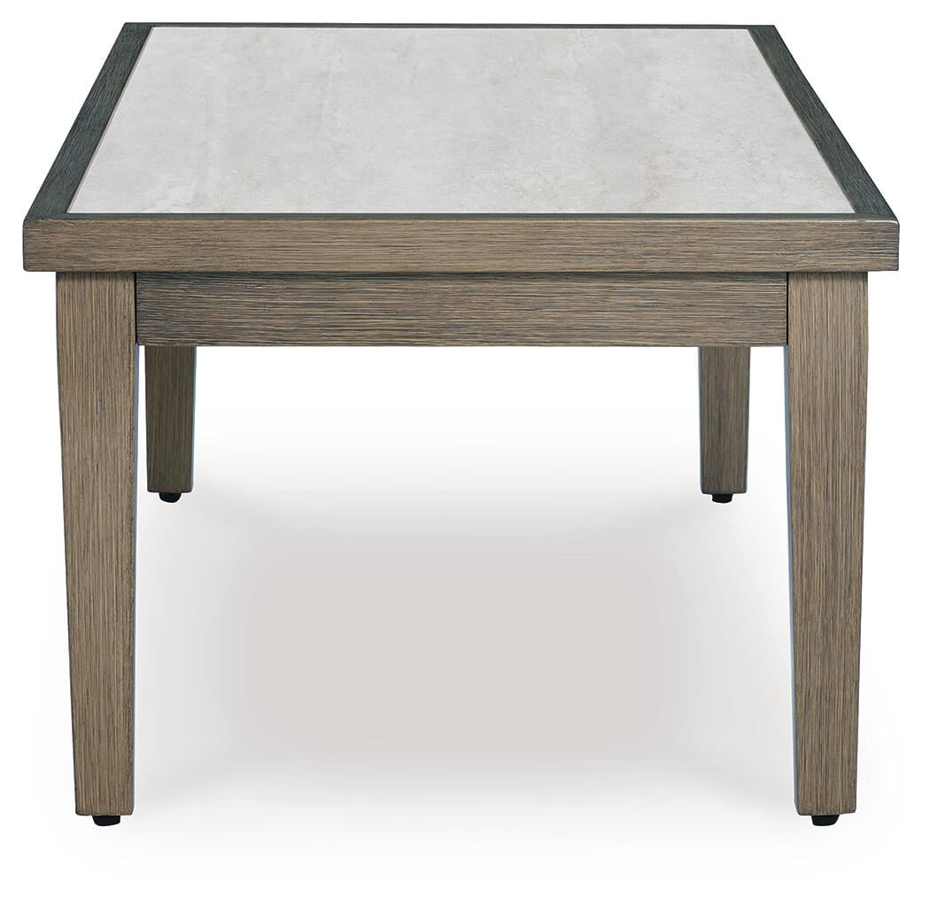 Signature Design by Ashley Rainier Ranch Outdoor Coffee Table - Weather-Resistant Aluminum with Sintered Stone Top, Brown/Beige