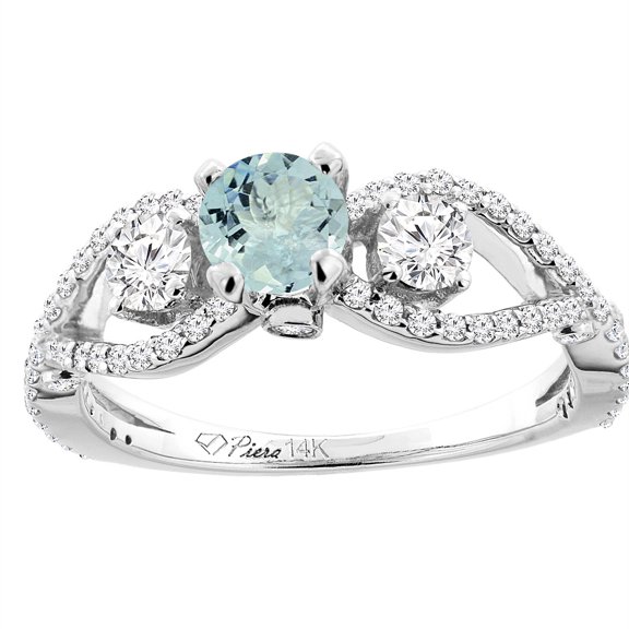 14K White Gold Natural Aquamarine & Diamond Ring Round 6 mm, size 5.5