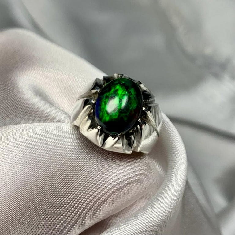 Natural Black Opal Men's Ring, 925 Sterling Silver 925 Sterling