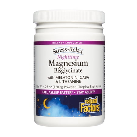 Natural Factors Stress-Relax Nighttime Magnesium Bisglycinate Powder with Melatonin, L-Theanine and Pharma GABA, Supports Sleep & Relaxation, Tropical Flavor, 4.23 oz Powder