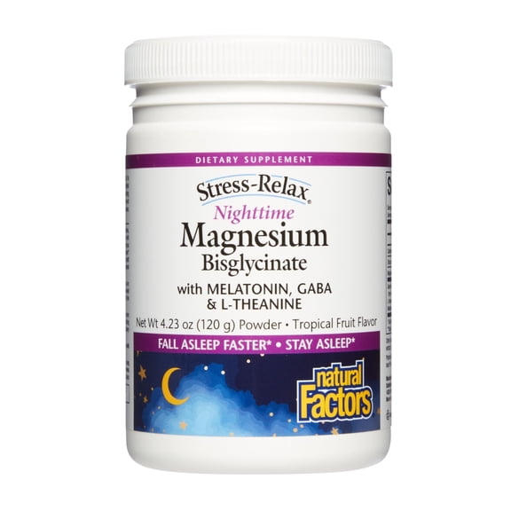 Natural Factors Stress-Relax Nighttime Magnesium Bisglycinate Powder with Melatonin, L-Theanine and Pharma GABA, Supports Sleep & Relaxation, Tropical Flavor, 4.23 oz Powder