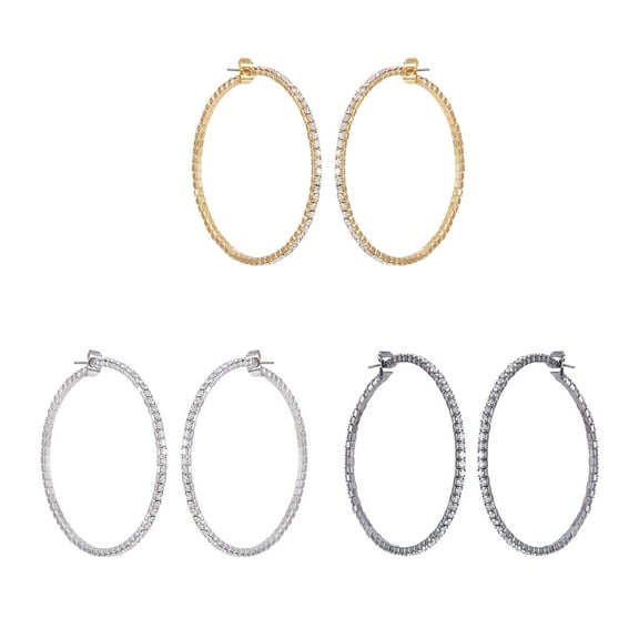 Time and Tru Women's Tri Tone Plated Rhinestone Hoops, 3 Pairs