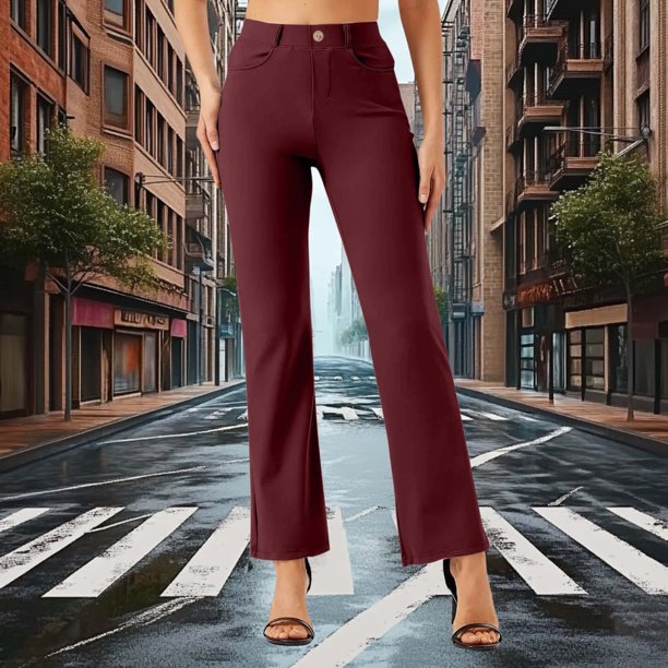 Zhyou No Boundaries Womens Slim Fit Bootcut Pants,Stretchy Casual Dress Trousers with Pockets Mid Rise Straight Leg Workwear,Wine,Size L