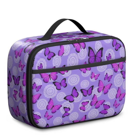 Purple Butterfly Pattern Teens Insulated Bento School Lunch Bag, 12 Can Capacity, for Work, Picnic or Travel, 10.6x7.7x4.3 Inches