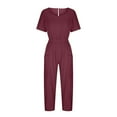 thumbnail image 5 of up to 60% off Gifts Usmixi Jumpsuits for Women Dressy Fashion Elastic Waist Pleated Cotton Linen Pocket Jumpsuits Summer Crewneck Short Sleeve Solid Long Trendy Rompers Wine xxl, 5 of 7