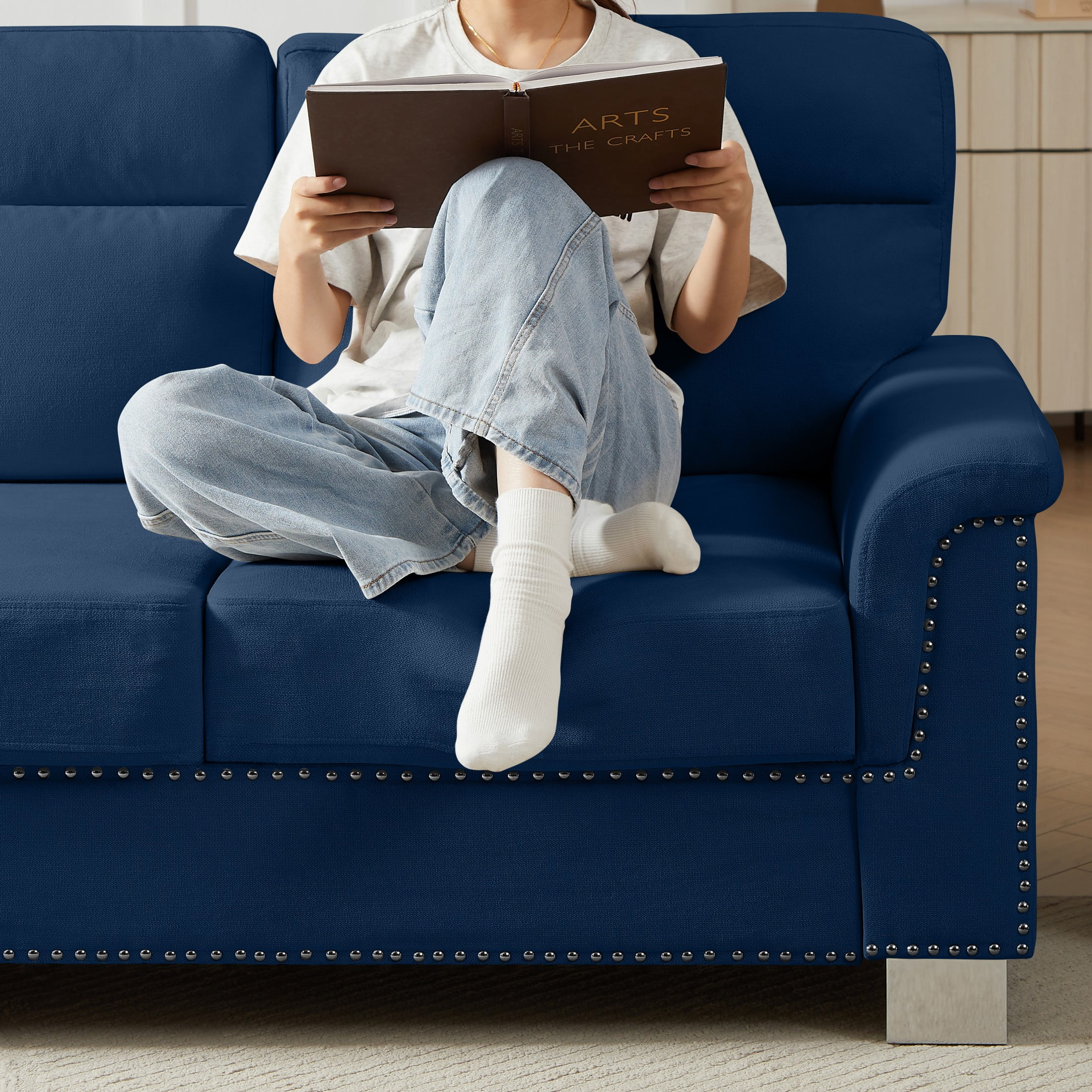 Aukfa 84" Contemporary Sofa for Living Room, Snowfleece 3-Seater Sofa with Naihead Trim, Blue