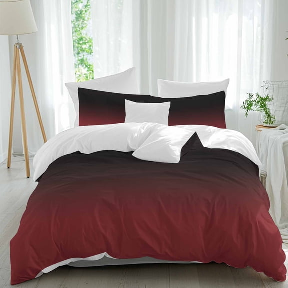 3 Piece Black Red Ombre Duvet Cover Set Twin Size, Microfiber Comforter/Quilt Cover with Corner Ties and 2 Pillowcases, Modern Abstract Art Gradient All Season Soft Bedding with Zipper Closure