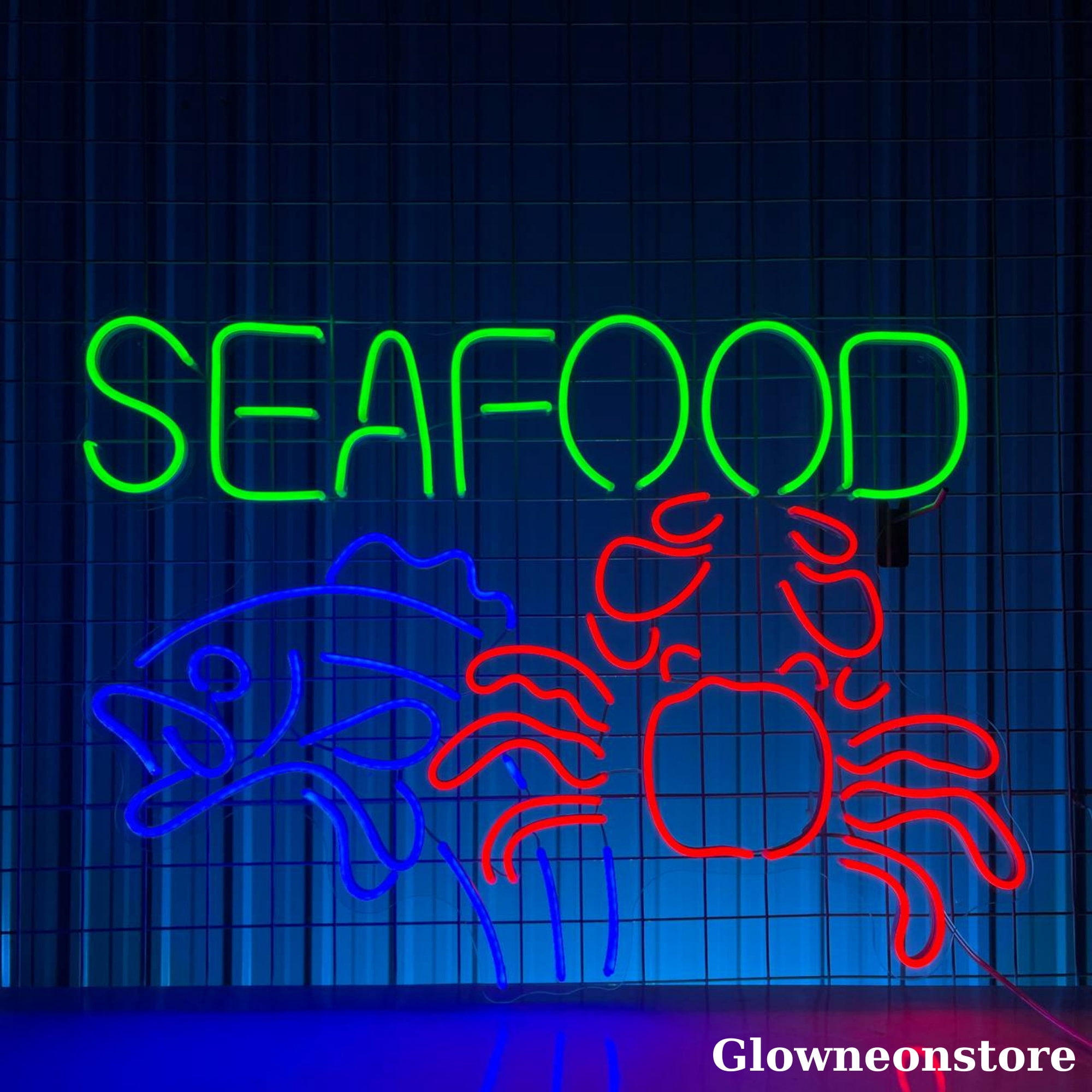 Glowneon Seafood Neon Sign, Crab and Fish Led Sign, Welcome Open Seafood Restaurant LED Light Wall