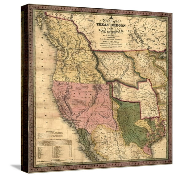 Art.com Texas, Oregon, and California - Vintage Map Stretched Canvas Print Wall Art by Lantern Press, 16" x 16"