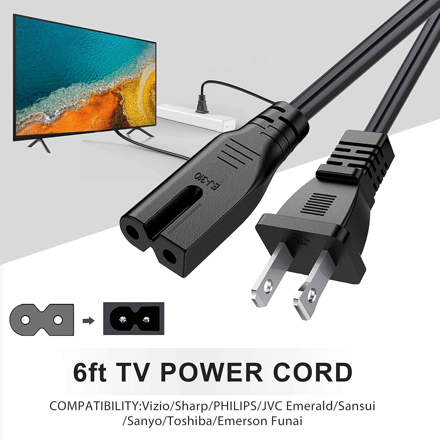 BICMICE 6Ft Polarized Power Cord for Vizio LED TV Smart HDTV, IEC320 C7 to NEMA 1-15P