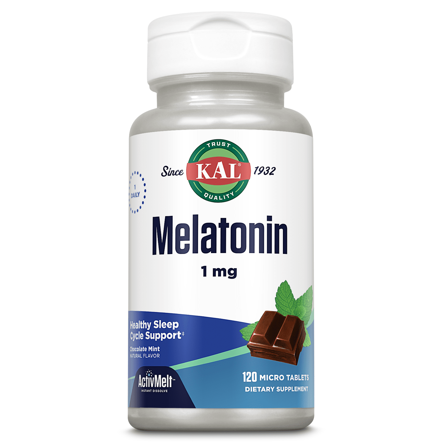 KAL Melatonin 1mg | Healthy Relaxation & Sleep Support Formula | Instant Dissolve ActivMelt | Chocolate Mint | 120ct