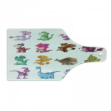 Jurassic Cutting Board, Dino's Dinosaurs Extinction Funny Comic Cartoon Illustration, Decorative Tempered Glass Cutting and Serving Board, Wine Bottle Shape, Multicolor, by Ambesonne