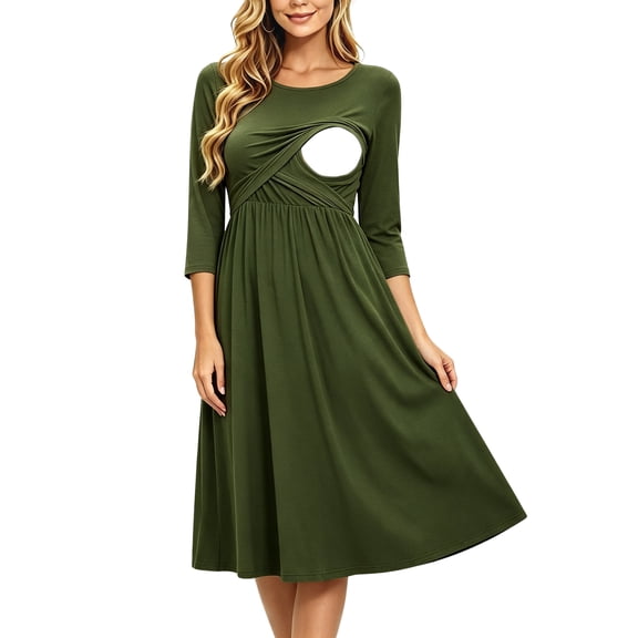 Women's Patchwork Maternity Nursing Dress 3/4 Sleeve Dress for Breastfeeding