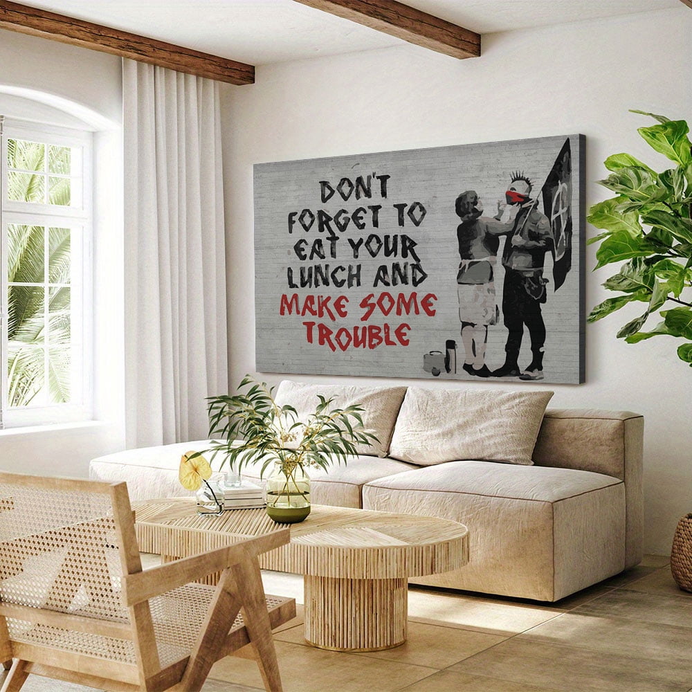 Banksy Make Some Trouble - Wall Art Canvas Print - Makes a Great Gift for Home Decor, Living Room, Bedroom(12" W x 8" H，Framed)