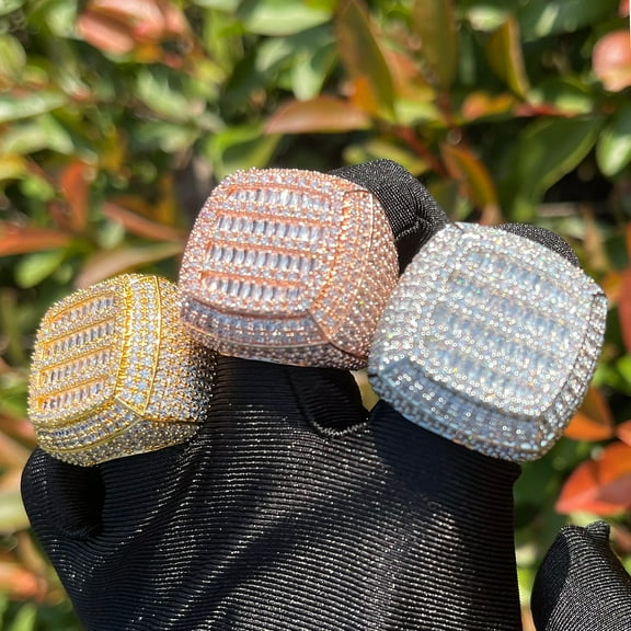 DUBSS Iced Out Ring for Men Real Gold Plated Prong Setting Copper CZ Stones Hip Hop Fashion Jewelry