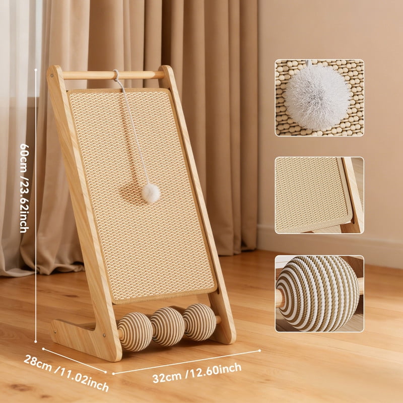 Qifang L-Shape Cat Scratcher, Sisal Scratch Pad with Hanging Ball, Reversible Cat Bed, Inclined Climbing Frame, Stable Triangular Base for Indoor Cats