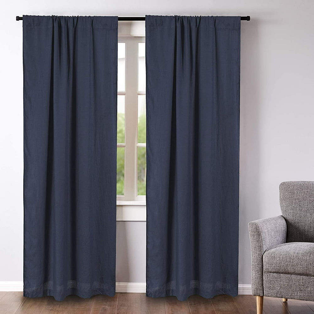 Levtex Home 100 Linen 84" Curtain (Set of 2) Washed Linen Navy Drape Size (50 x 84in