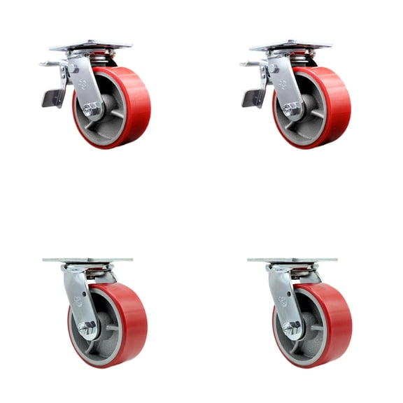 5 Inch Red Poly on Cast Iron Caster Set with Ball Bearing 2 Total Lock Brake SCC
