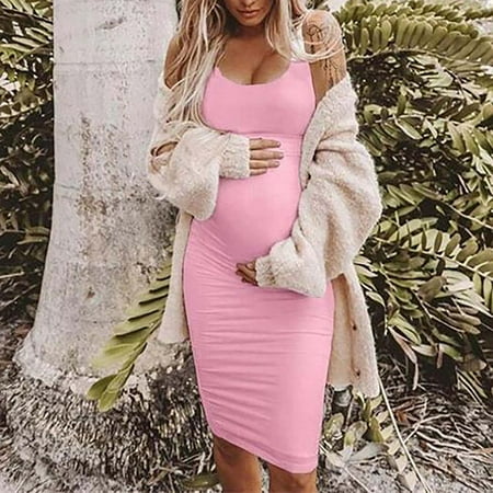 

Leutsin Summer Round Neck Sleeveless Solid Color Maternity Vest Dress