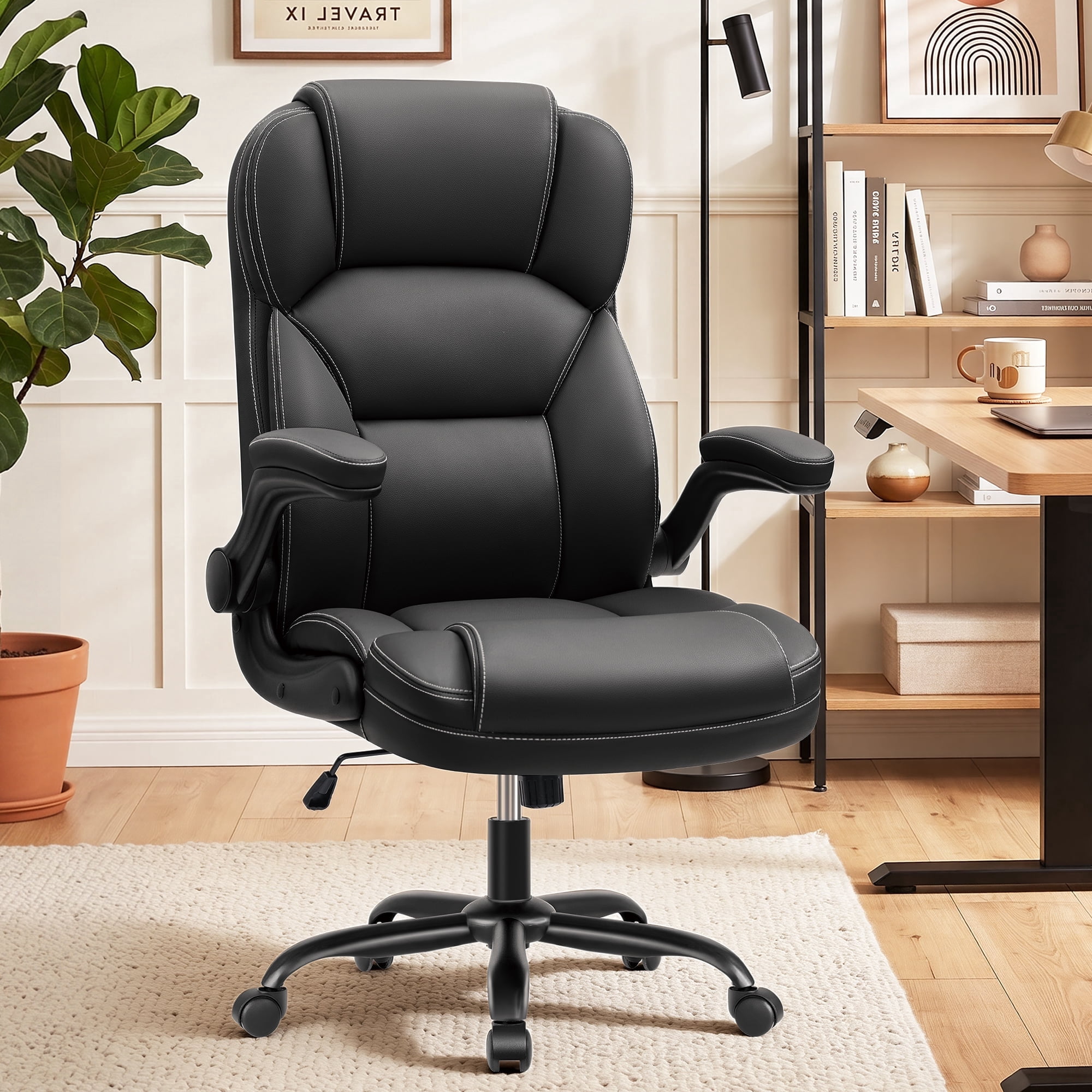 HeroSet High Back PU Leather Office Chair with 90° Flip-Up Arms – Ergonomic Desk Chair for Home Office, Computer Desk Chair with Adjustable Height, Sleek Black