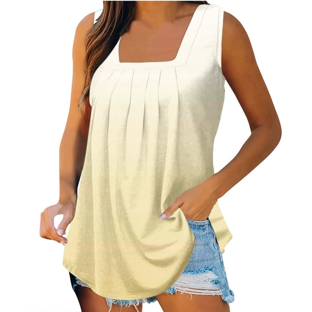 ICHUANYI Clearance Women's Fashion Solid Color Square-neck Comfortable Loose T-shirt Sleeveless Blouse Casual Tops(Yellow, M) ICHUANYI WER2023080815495