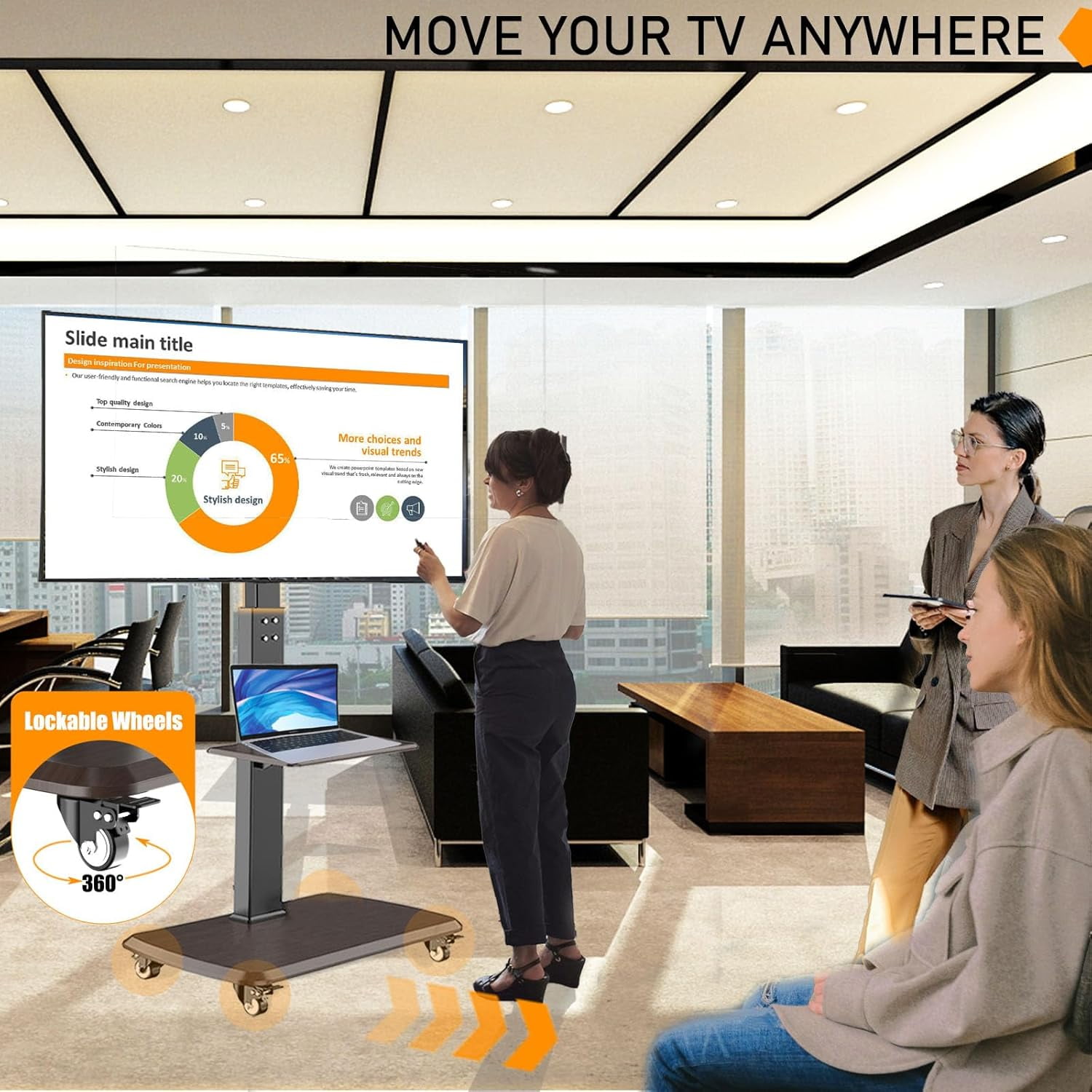 Rolling TV Stand with Power Outlet for 32 to 65 70 75 80 inch TVs up to 132 lbs Adjustable Mobile TV Cart with AV Shelf Portable Mobile TV Stand with Wheels for Outdoor, Bedroom, Living Room