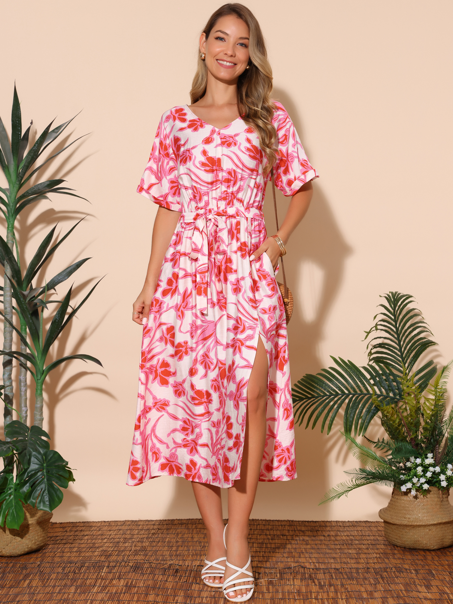 DARING DIVA Loose Boho V Neck Short Sleeve Tie Waist Floral Maxi Dress L Pink