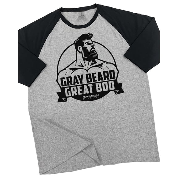 GYMISH RAGLAN Gray Beard, Great Bod Workout Gym T-Shirt – Funny Gym Shirt for Men, Senior Fitness Tee, Bodybuilding & Weightlifting Apparel