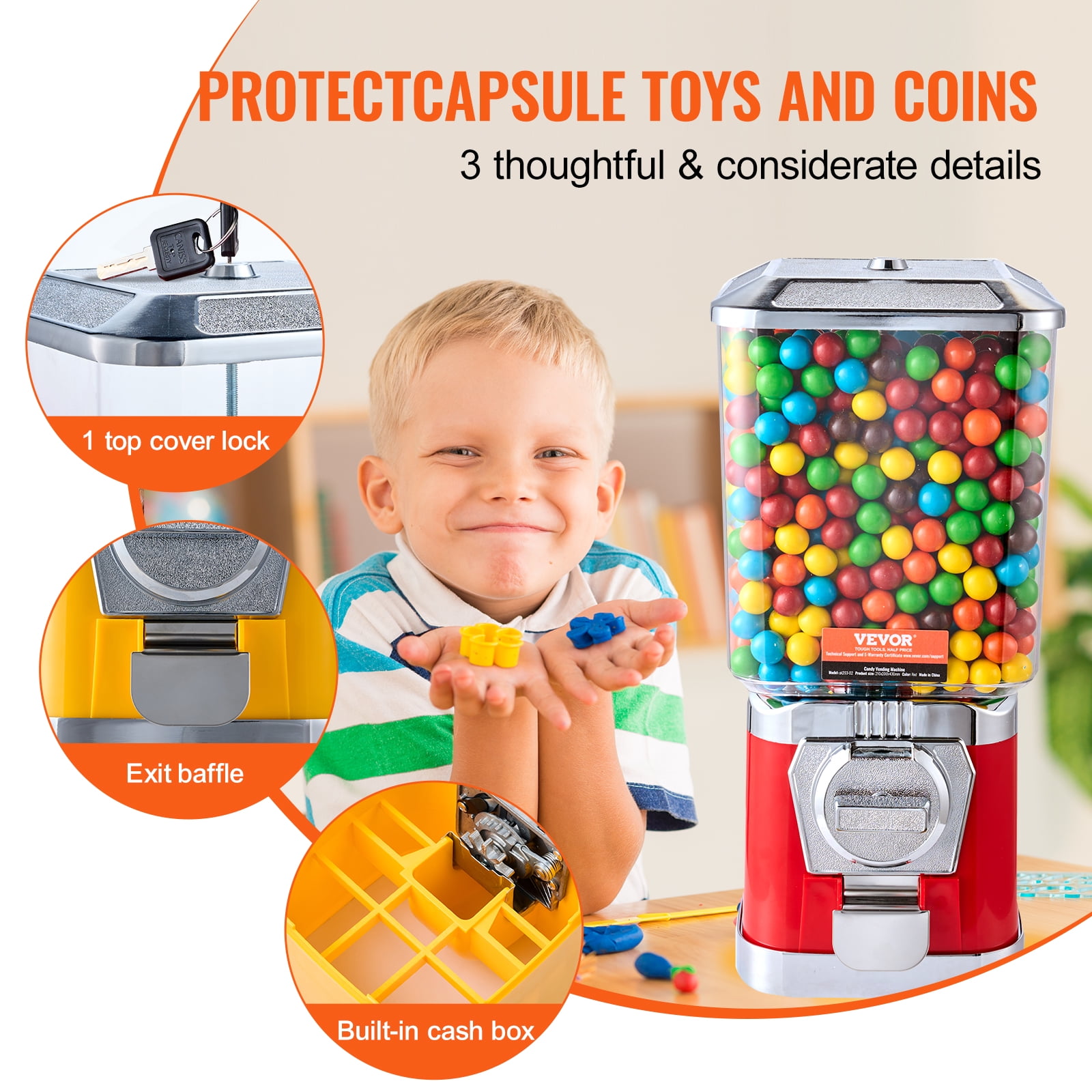 VEVOR Gumball Machine for Kids, 17"H Home Candy Vending Machine, PC Gumball Dispenser, Bubble Gum Machine for Game Stores, Coin Operated Gumball Bank