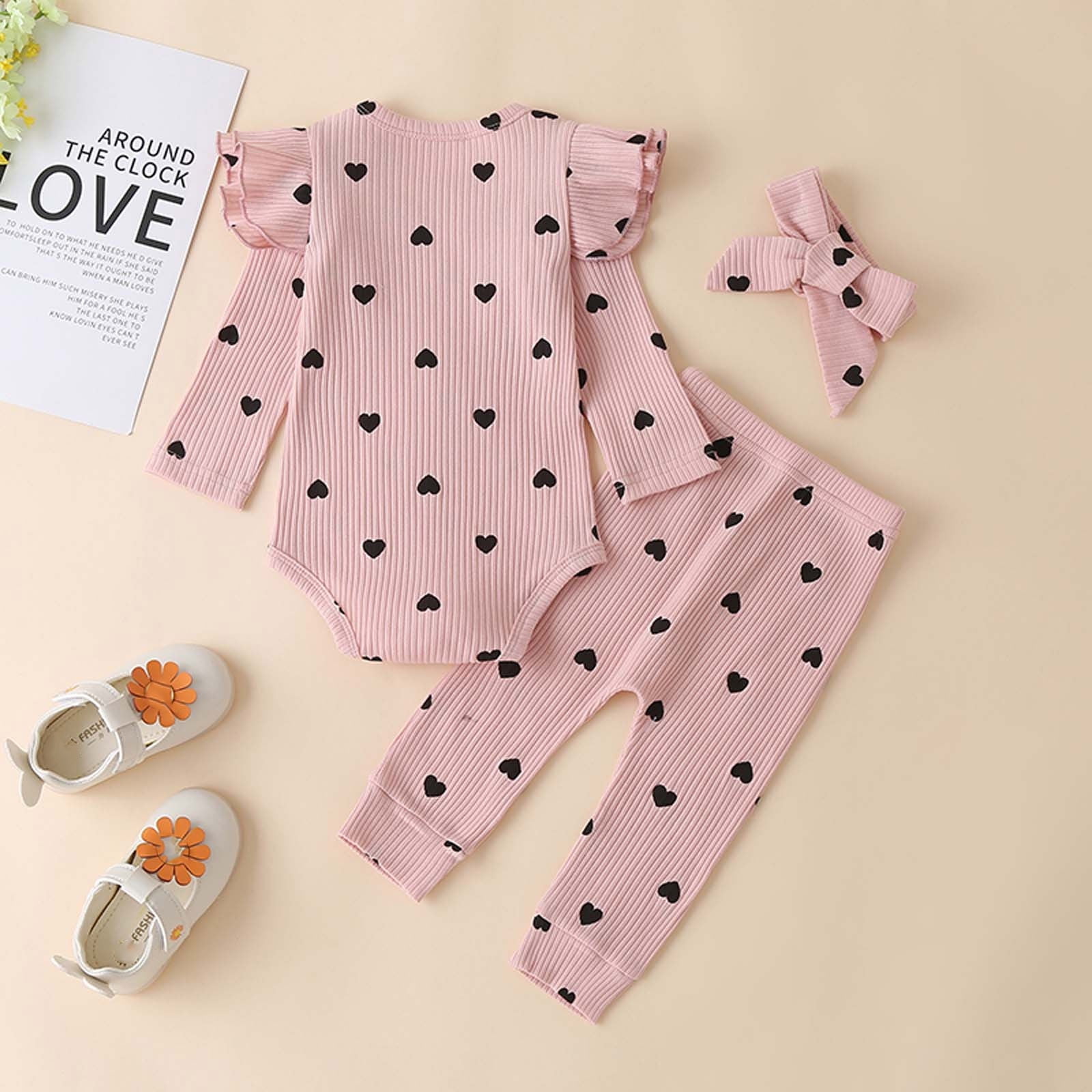Newborn Baby Girl Clothes Ruffle Long Sleeve Romper Tops Pants Headband Infant Cute Heart Print Fall Outfits