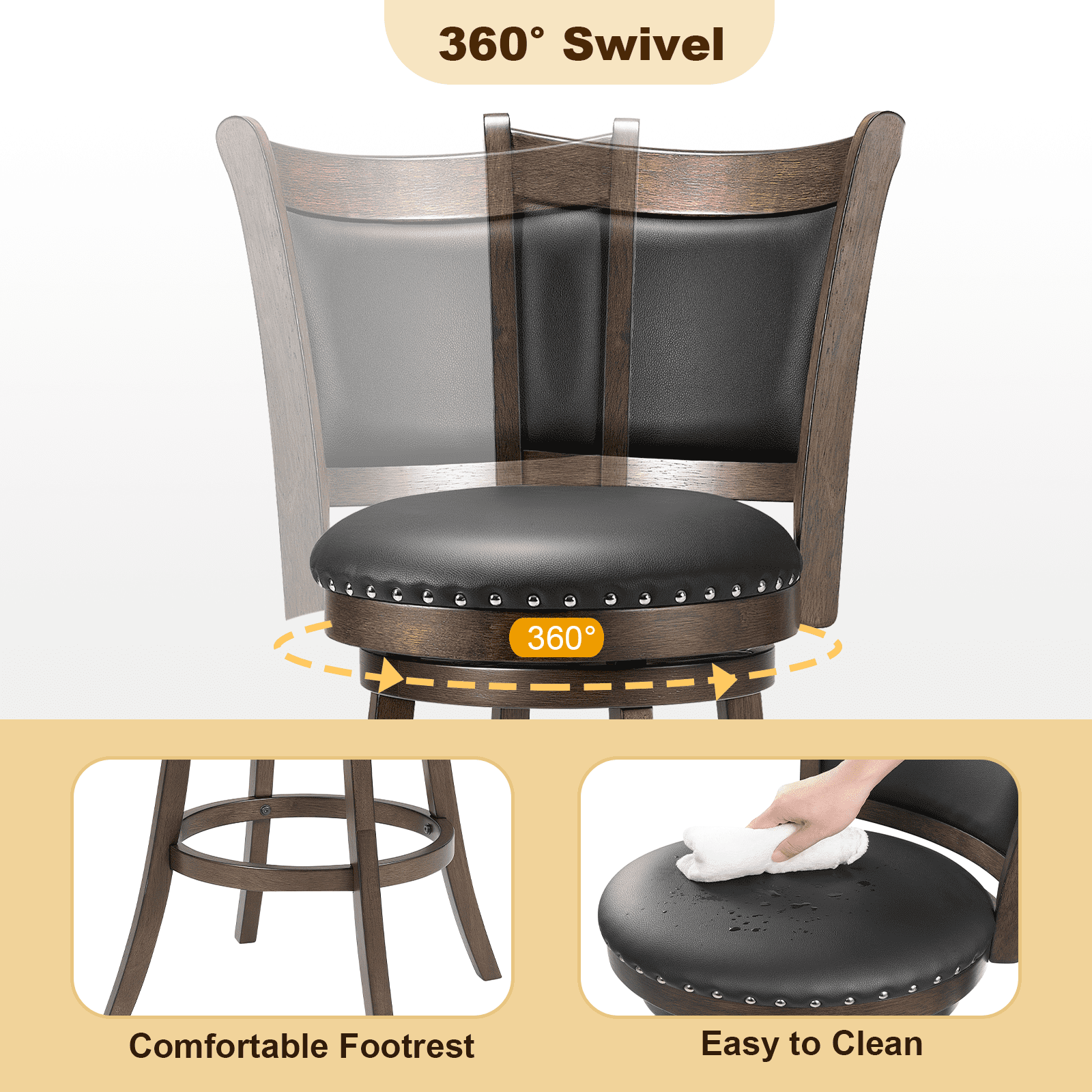 30 Inch Swivel Bar Stools Set of 2 Rotated Counter Height Barstool with High Back Leather Upholstered Kitchen Island Stools Chair for Home Bar, Black