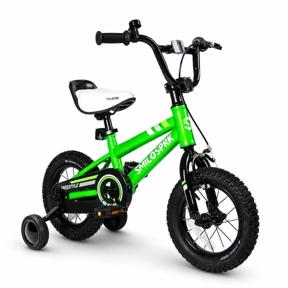 SmiloSprk 12 Inch Kids Bike BMX Style, Training Wheels, Coaster Brake & Full Chain Guard, Adjustable Seat, Gift for Boys & Girls 2-7 Year Old, Green