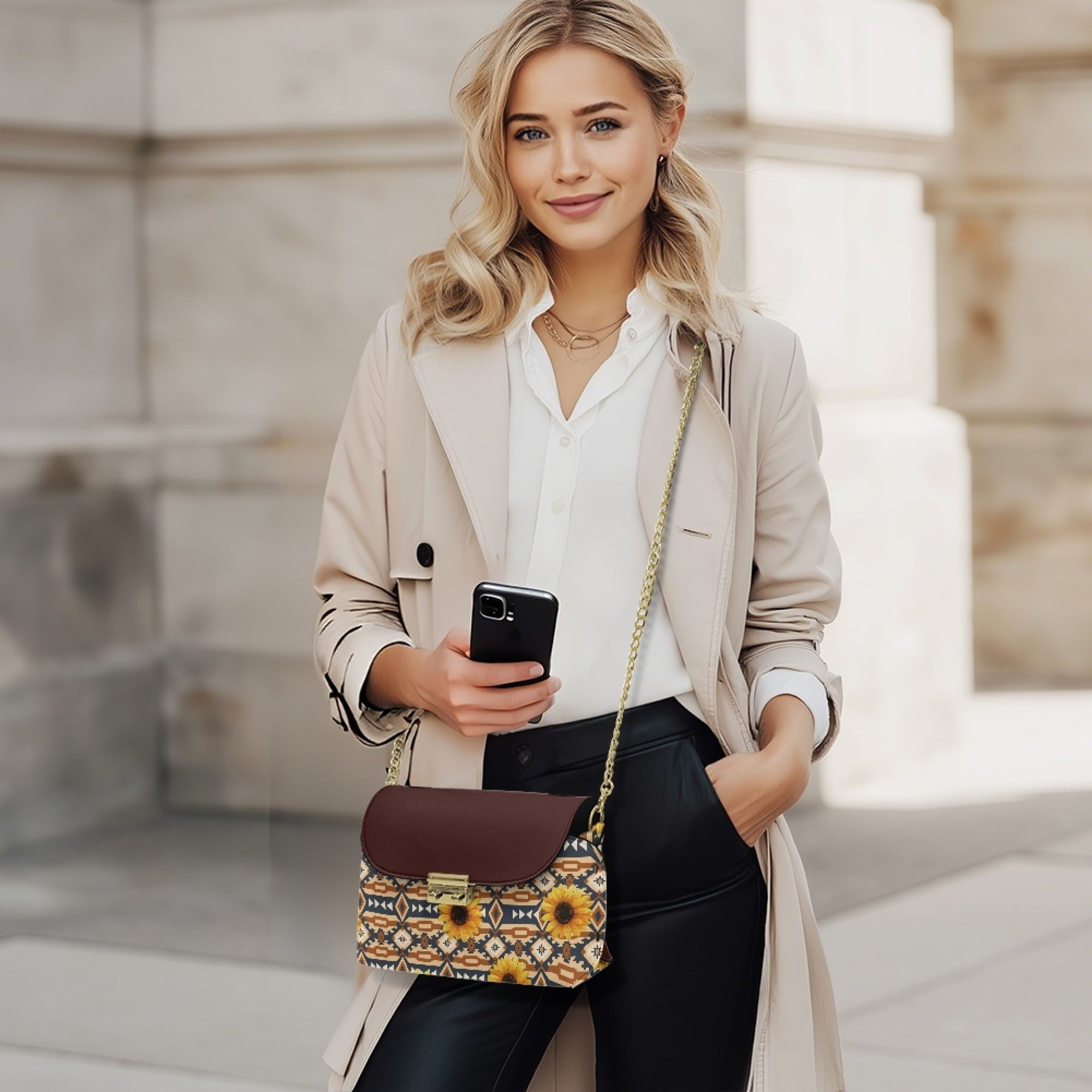 TSOVTHRID Aztec Tribal Sunflower Brown Print Crossbody Bags Womens Leather Cross Body Handbags for Women with Long Detachable Chain Small Shoulder Purses Large Capacity Bag