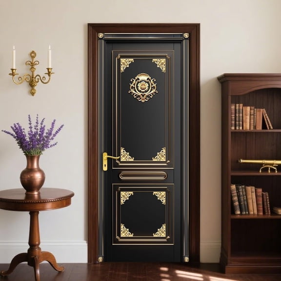 Door Sticker Peel Stick Removable Self Adhesive Door Mural Decal Vinyl PVC Waterproof Cover Wallpaper 31.48×78.74 Inch Black Gold Lace