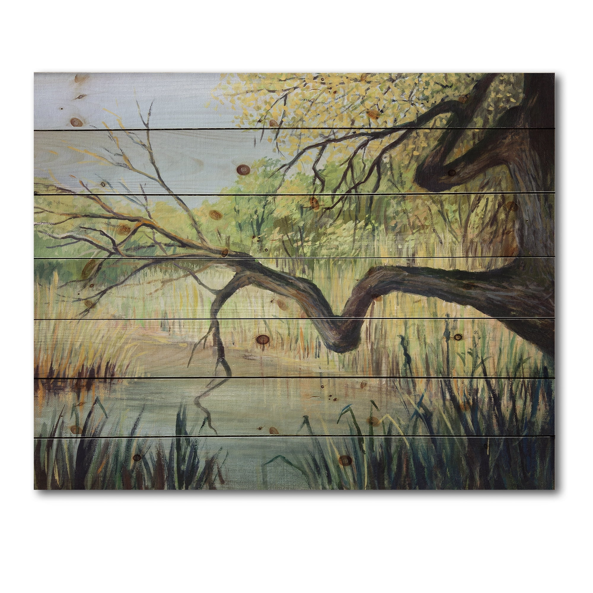 Designart 'The Lake of Silence From The Tree' Lake House Print on Natural Pine Wood
