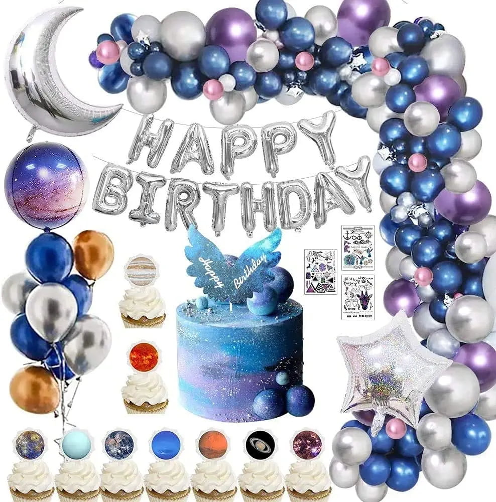 AOWEE Space Party Decorations, Astronaut Theme Happy Metallic Night Blue Balloon Garland Arch Kit, Galaxy Starry Sky Party Supplies for Boys Birthday Baby Shower with Star Foil Balloon and Banner