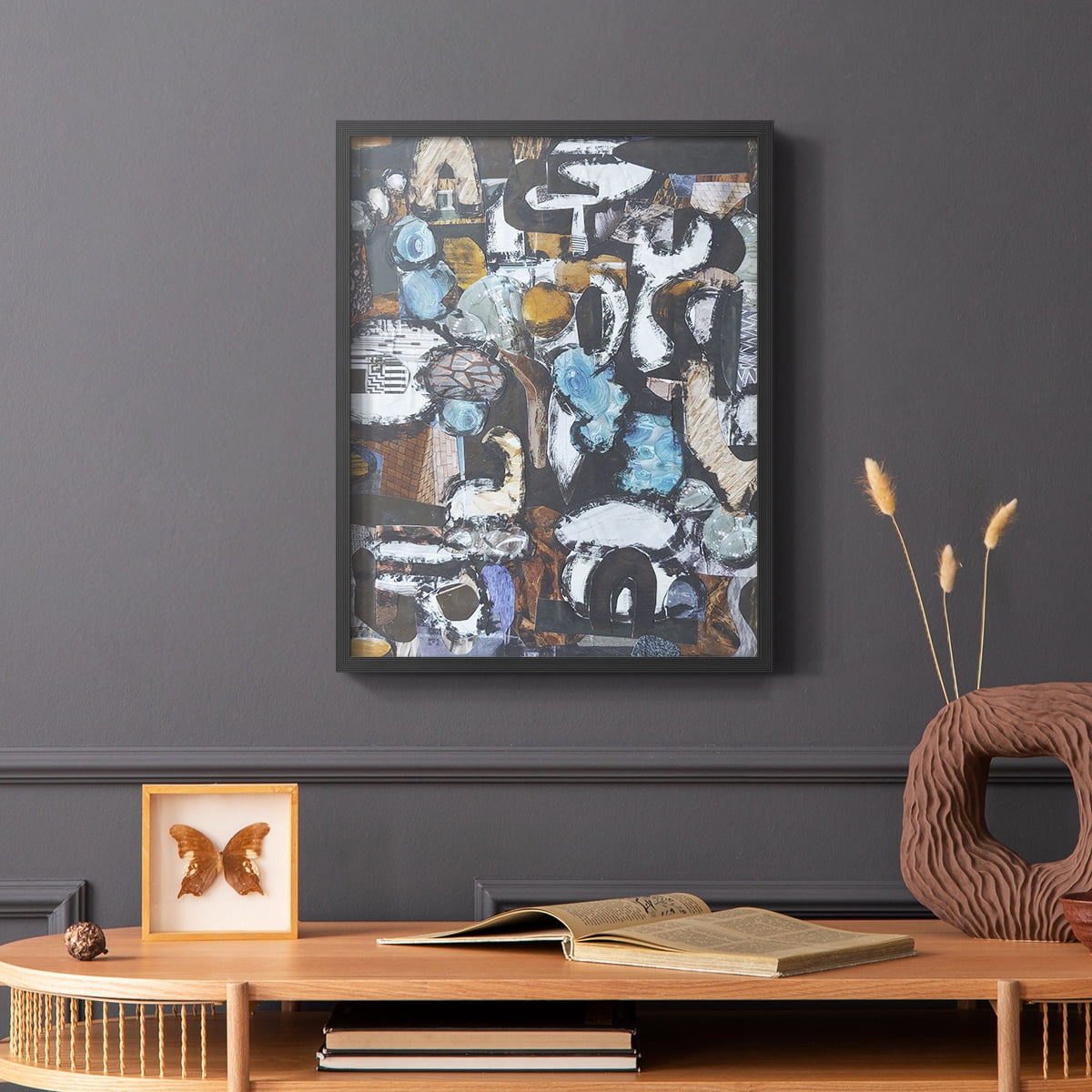 California Beach Blue Glass Framed Print in Black Solid Wood Framed Print No Nail Hanging