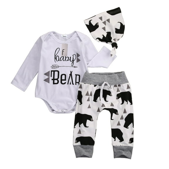 3Pcs Baby Boys Clothes Bear Letter Long Sleeve Romepr Pants Leggings  Hat Suit Newborn Outfits Set
