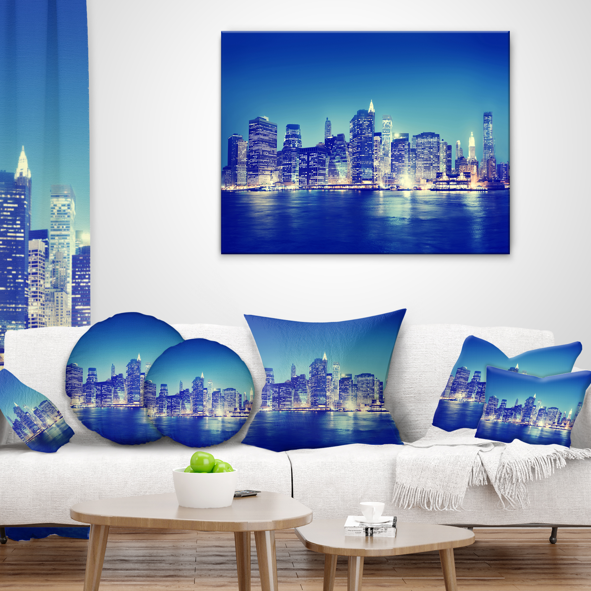 Designart New York City Night Panorama - Throw Pillow - 16x16