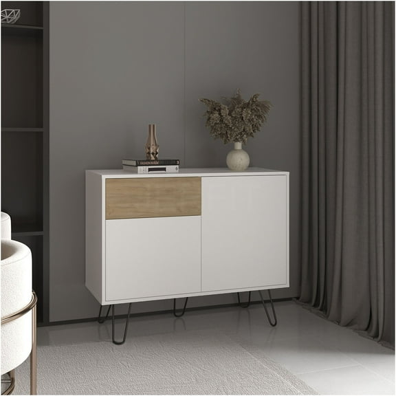 JERFIT 39 inch Modern Console Table with Storage Cabinets, Drawer & Shelves for Entryway, Living Room, Hallway in White Oak Finish