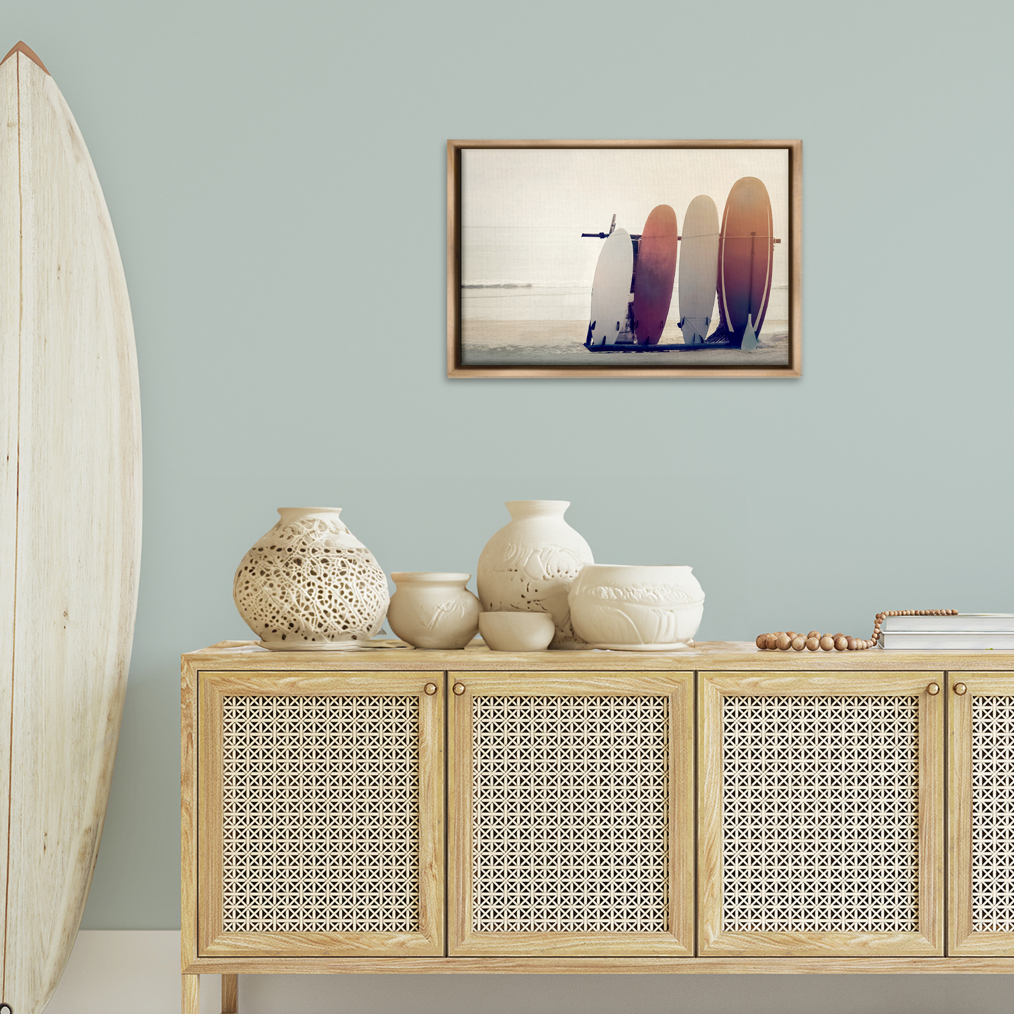 Stupell Industries Beach Surfboards Leaning Landscape Photography Brown Floater Framed Canvas Art Print Wall Art, 25 x 17