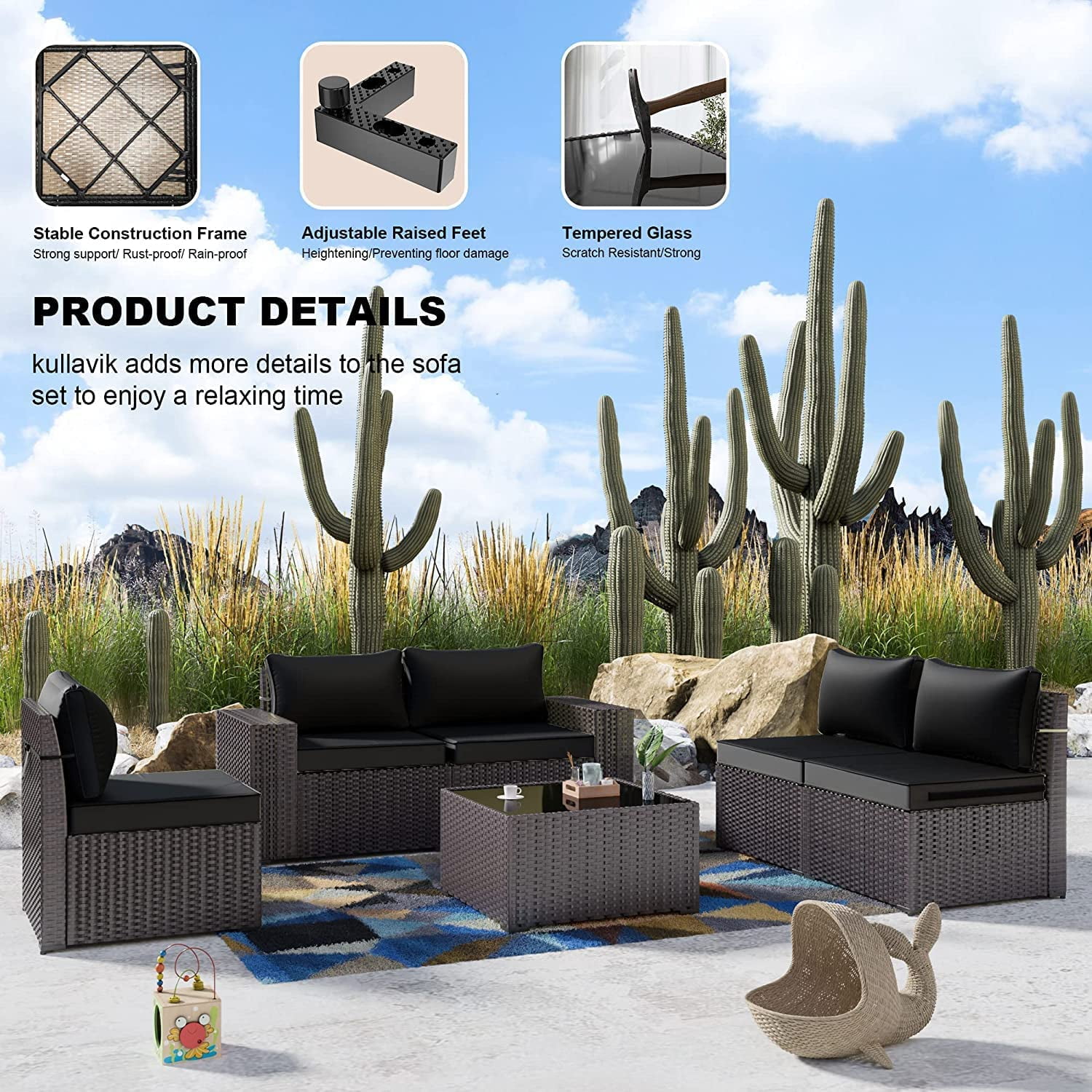 Gotland Outdoor Patio Furniture Set 12Pcs Sectional Rattan Sofa Set Wicker 10 Cushion 2 Table, Black