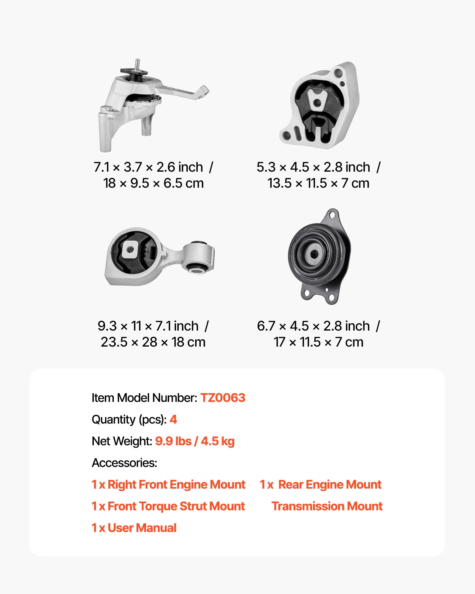 VEVOR Engine and Transmission Motor Mount Kit Replacement, Set of 4, Compatible with 2007–2017 Nissan Altima 2.5L L4, Replace OE# A4350, A4353, A4340, A4339, Secure Support